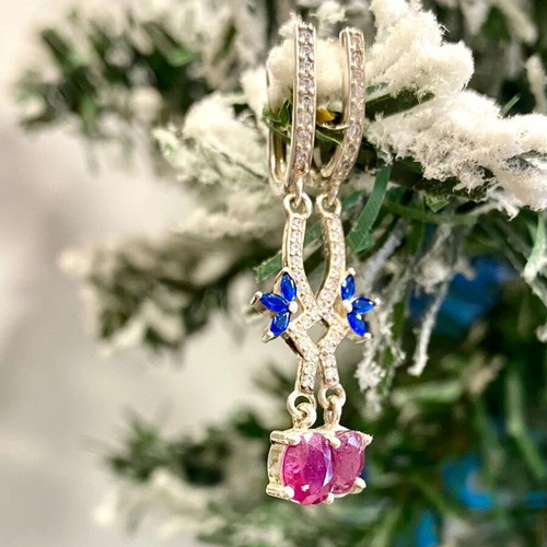 Handmade silver earrings with natural ruby, sapphire and moissanite
