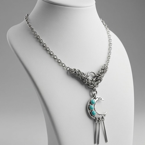 Steel Byzantine Necklace with Crescent and Turquoise Stones new