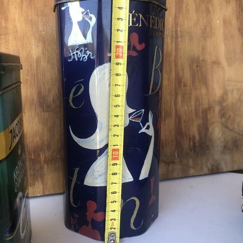Collectible metal tins used, set of three, coffee and liqueur