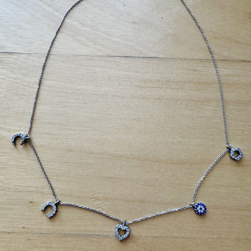 925 Sterling Silver Lucky Charm Necklace like new with Evil Eye Heart Moon CZ