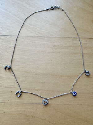 925 Sterling Silver Lucky Charm Necklace like new with Evil Eye Heart Moon CZ