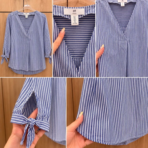 H&M Striped Blouse with Sleeve Ties like new, white and blue