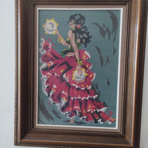 Vintage Handmade Embroidery "Spanish" – Canvas with Wooden Frame