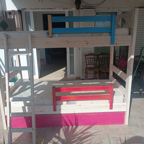 Triple bunk bed for children and teens, pine wood, white and neutral colors