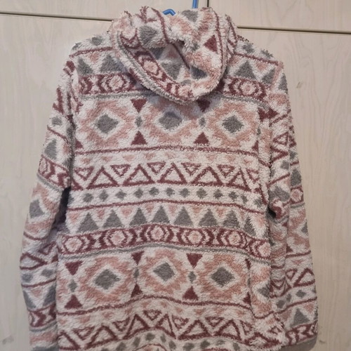Janina fleece jacket women with pockets and hood like new, white pink size M
