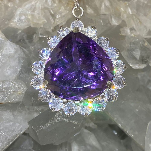 Silver pendant with large cut natural amethyst stone and moissanites, new