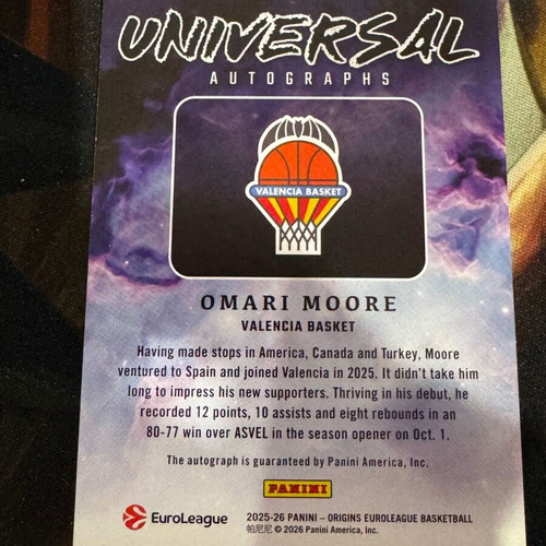 2025-26 Panini Origins EuroLeague Omari Moore Universal Auto Autograph /99