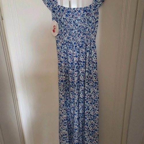 Long floral dress with slit new, blue turquoise, one size