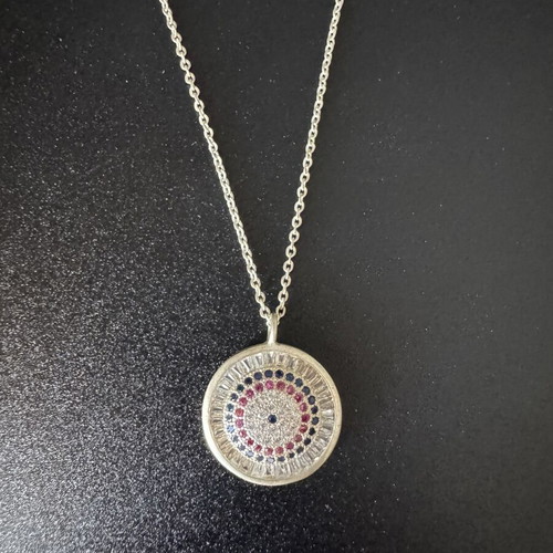 Silver women's necklace with eye design and colorful zircon crystals like new