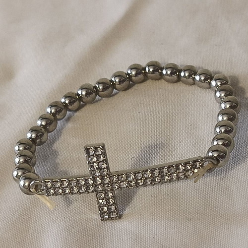 Women's bracelet with cross and elastic, silver