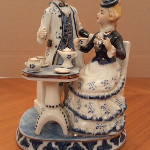 Vintage Japanese Porcelain Figurine Couple, 21cm, cobalt blue