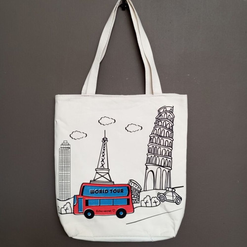 Tote bag "World Tour" fabric shoulder bag, white multicolor