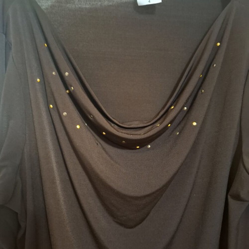 Roses blouse with draped neckline and gold pearls like new, brown