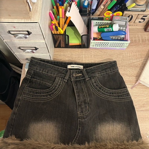 Denim mini skirt with fur like new, XS-S, blue and brown