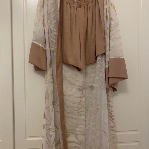 Long kimono with gold embroidery and satin shorts set Nema Resort Wear new