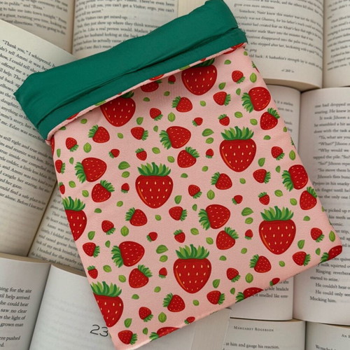 Handmade book sleeve with strawberries design and soft lining 20x27cm