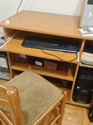 Computer desk with sliding keyboard shelf and wooden chair