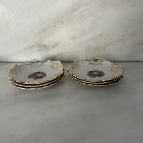 Vintage porcelain set of 6 miniature plates with gold trim
