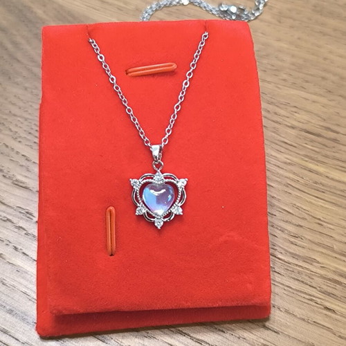 Heart Necklace with Iridescent Stone and Zircon, Stainless Steel, New