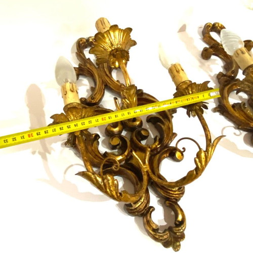 Pair of 2 French wall sconces used, gilded wood and iron