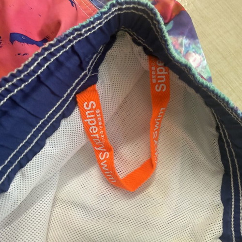 Superdry men's swim shorts with colorful tropical design, size L
