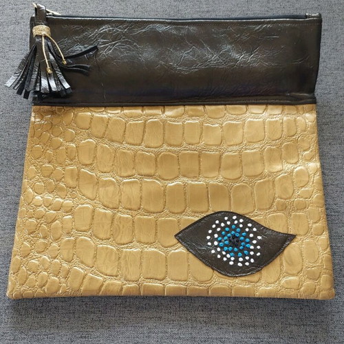 Handmade brown and gold fold-over clutch bag