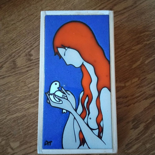 Ceramic art tile by Angelos Tsakirakis girl with dove like new