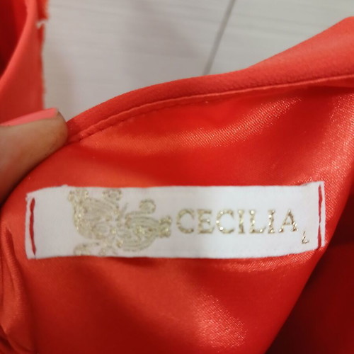 Red Strapless Dress L Cecilia like new, polyester, uneven hem