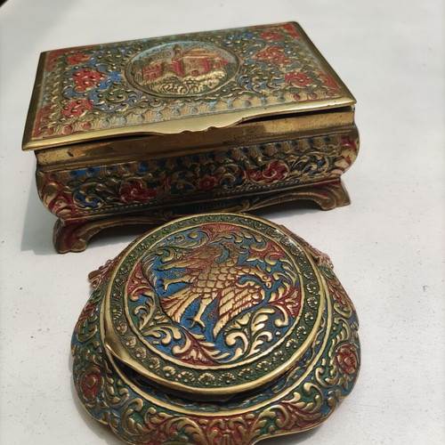 Vintage jewelry box and powder case used set