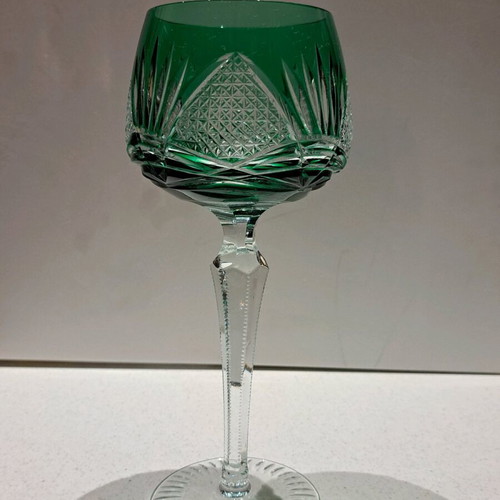 Vintage Kristall emerald crystal wine glasses set of 6 unused