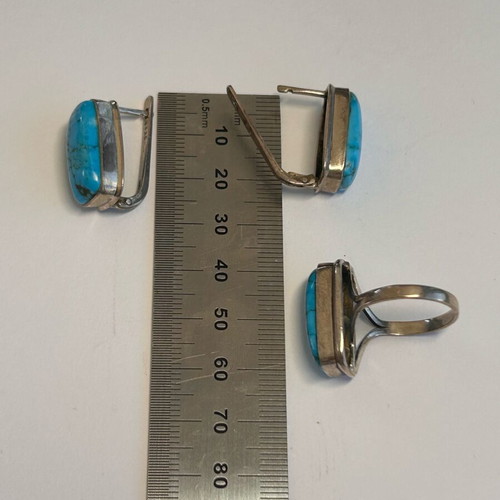 Vintage handmade silver jewelry set with blue turquoise used
