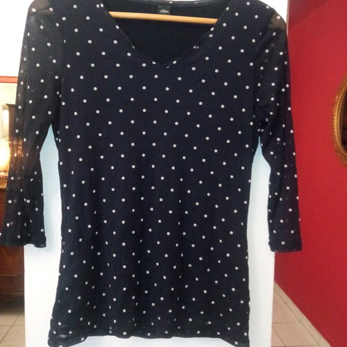Blouse new very elastic polka dot with transparent sleeves dark blue, size L