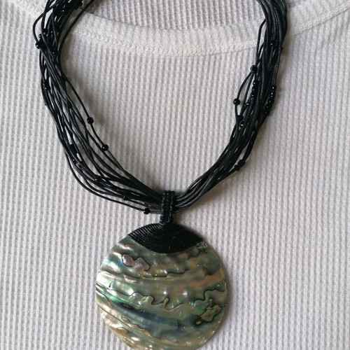 Boho necklace with Abalone shell and black cotton thread with stones new