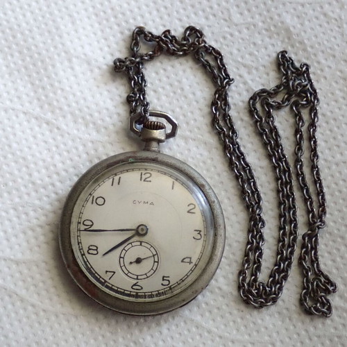 Cyma Swiss Pocket Watch 1930s used with chain and 6 stones