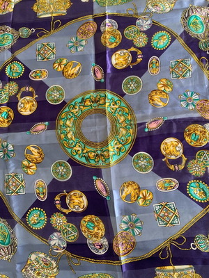 Vintage silk scarf with baroque jewelry motif, used