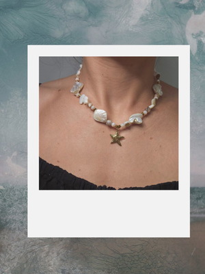 Queen of the Sea Summer Necklace white and gold, handmade