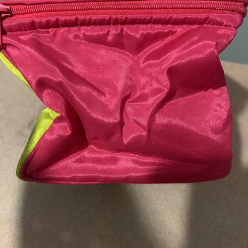 Cosmetic toiletry bag with handle, pink and green