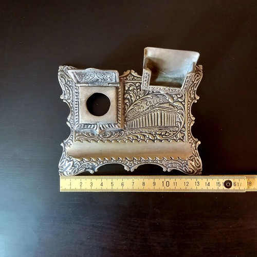 Vintage metal desk set with inkwell and embossed Parthenon used