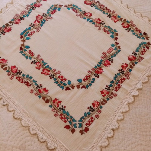 Handmade old embroidery painted and hand-stitched with lace
