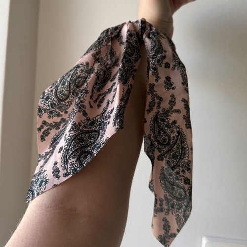 Handmade scrunchie hair tie with satin paisley ribbon new, pink multicolor