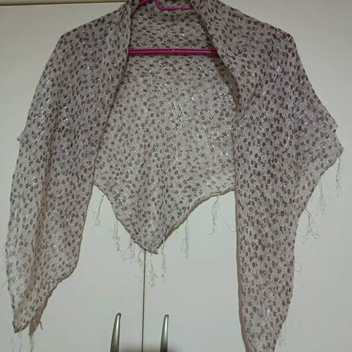Square beige scarf like new with brown pattern and silver thread