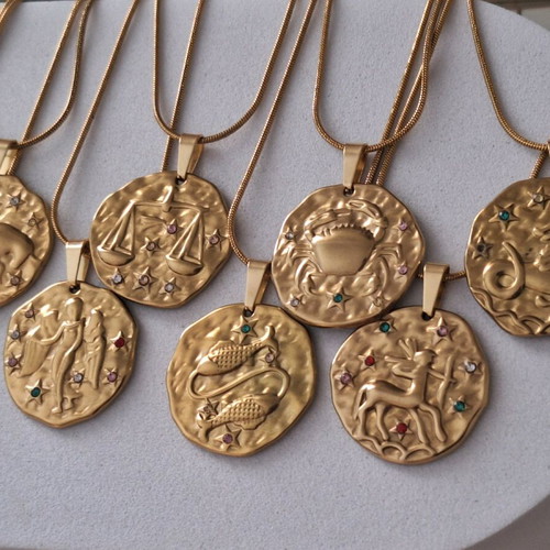 Zodiac stainless steel necklace gold color made to order with colorful zircons