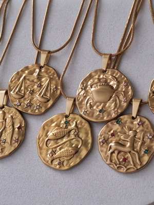 Zodiac stainless steel necklace gold color made to order with colorful zircons