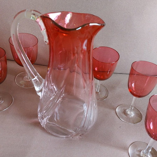 Grantbury crystal pitcher and 7 wine glasses used, dark pink, France