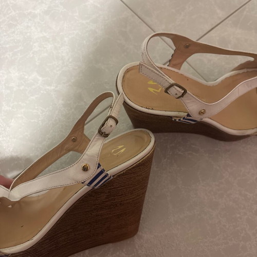 Mourtzi platform sandals, leather with white and blue striped fabric, size 38