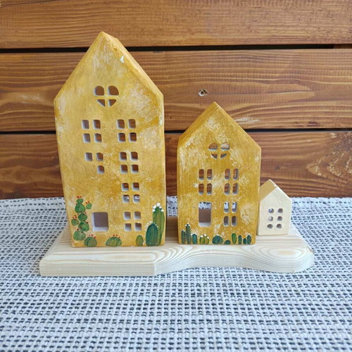 Handmade Cement Houses on Wood