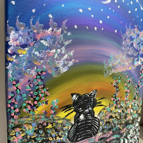 Handmade painting on canvas "Cat under the Moon" with embossed colors