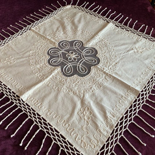 Large woven tablecloth like new with handmade fringes, beige