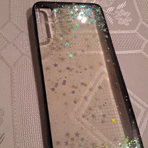 Samsung A70 phone case like new, transparent silicone with glitter