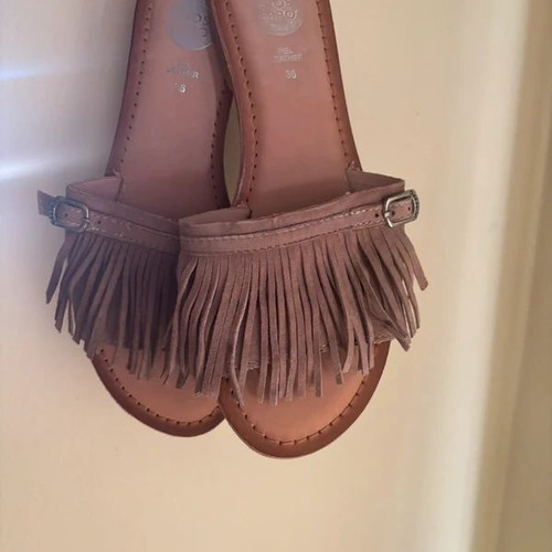 Leather sandals with suede fringe, size 36, beige brown